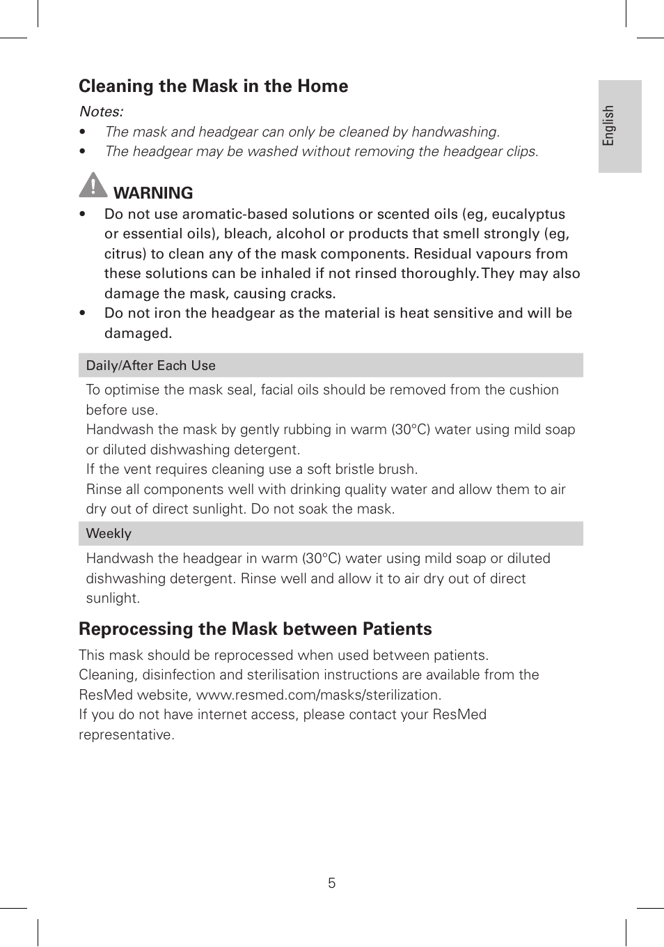 Cleaning the mask in the home, Reprocessing the mask between patients | ResMed Nasal Mask Mirage Micro User Manual | Page 6 / 12