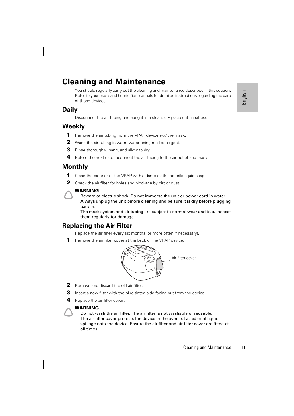 Cleaning and maintenance, Daily, Weekly | Monthly, Replacing the air filter | ResMed Positive Airway Pressure Device VPAP IV ST User Manual | Page 14 / 23