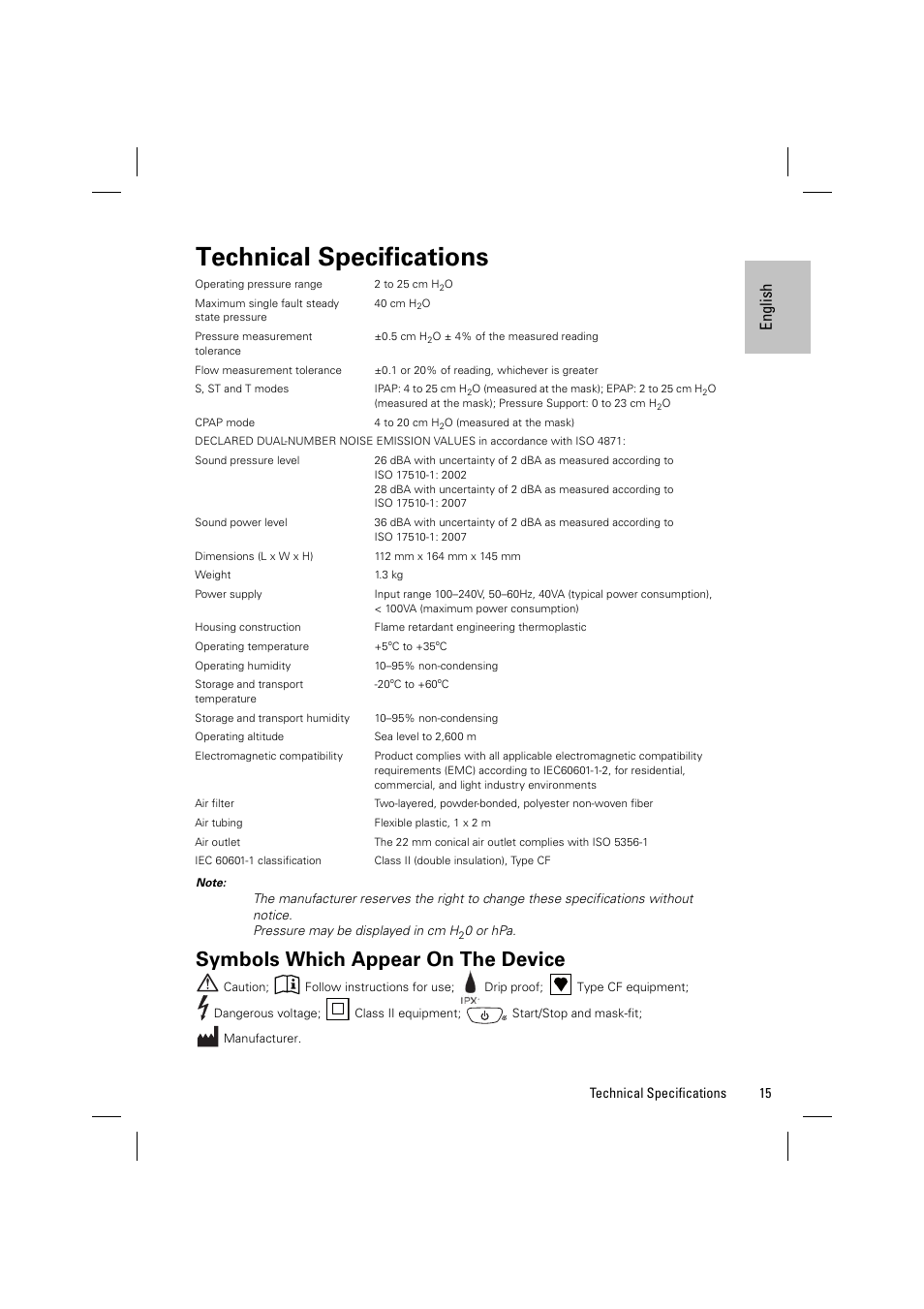 Technical specifications, Symbols which appear on the device, En gli sh | ResMed Positive Airway Pressure Device VPAP IV ST User Manual | Page 18 / 23