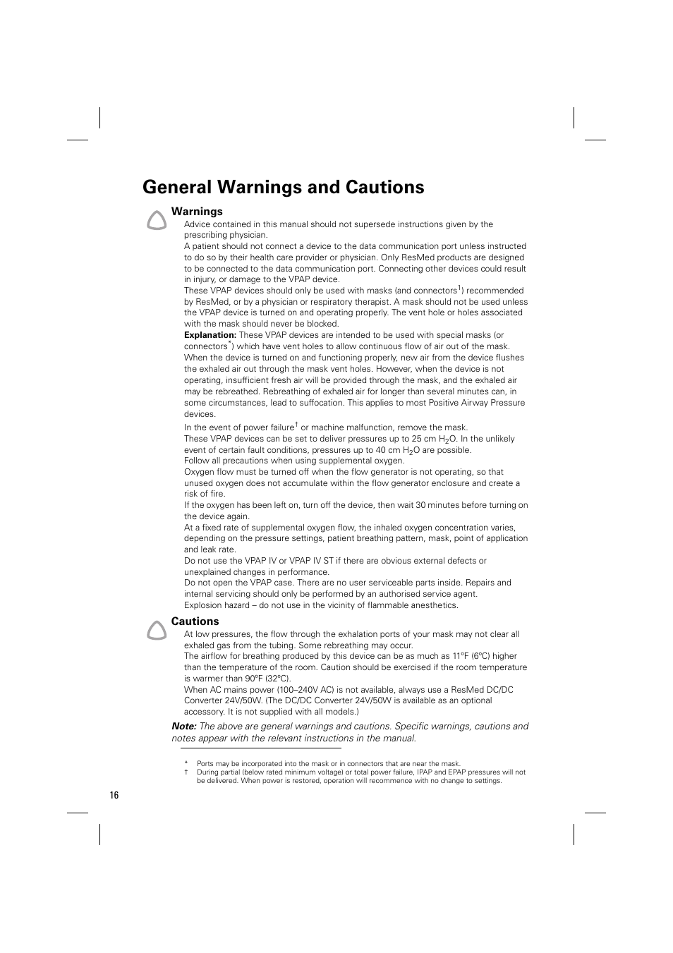 General warnings and cautions, Warnings, Cautions | ResMed Positive Airway Pressure Device VPAP IV ST User Manual | Page 19 / 23