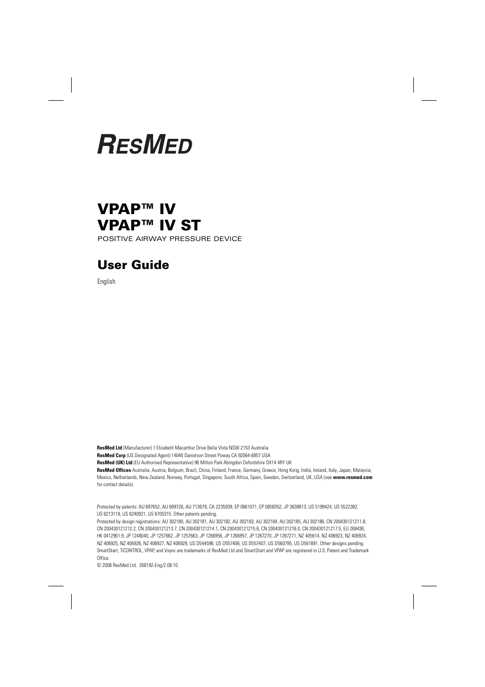 Vpap™ iv vpap™ iv st, User guide | ResMed Positive Airway Pressure Device VPAP IV ST User Manual | Page 2 / 23