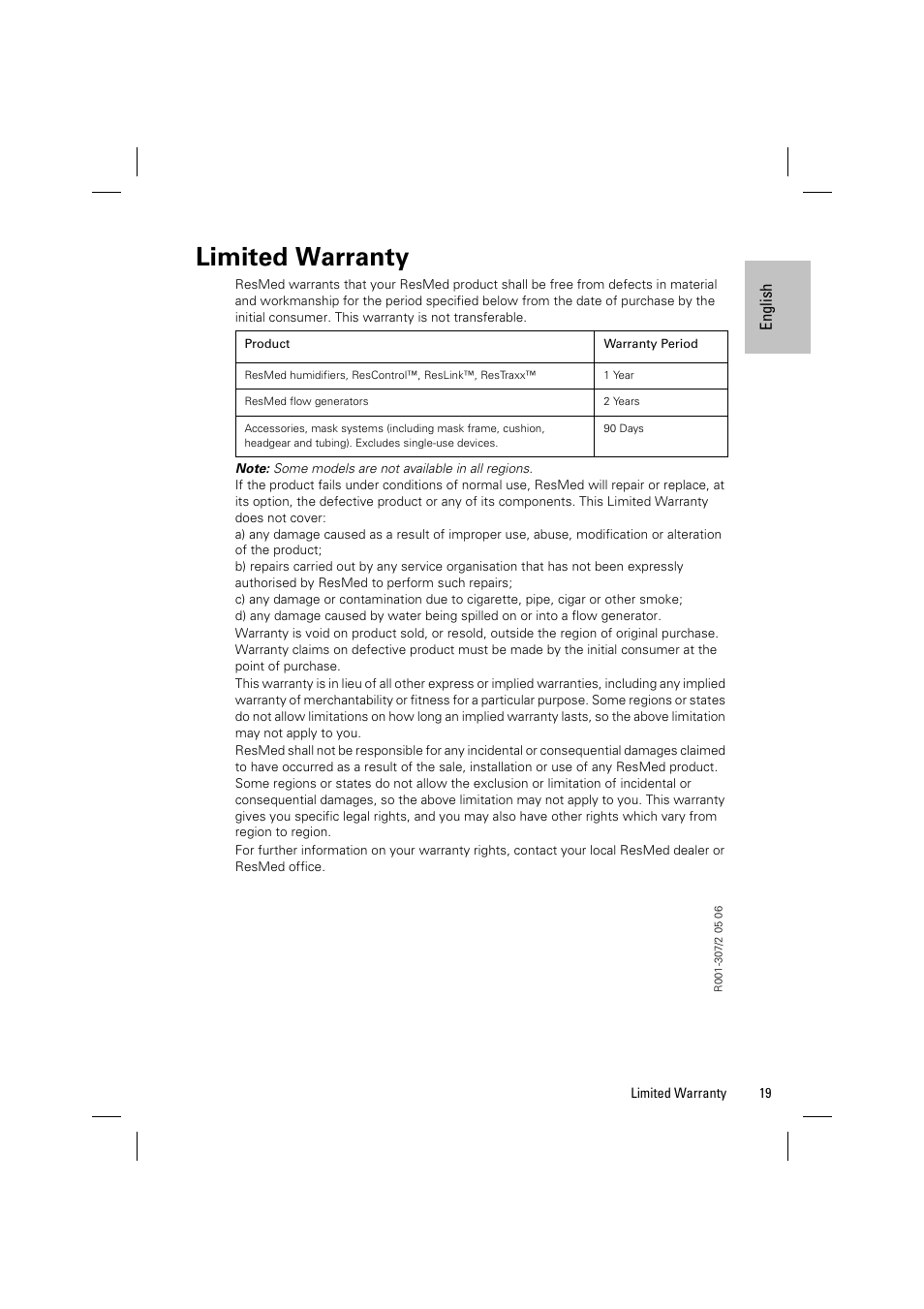 Limited warranty | ResMed Positive Airway Pressure Device VPAP IV ST User Manual | Page 22 / 23