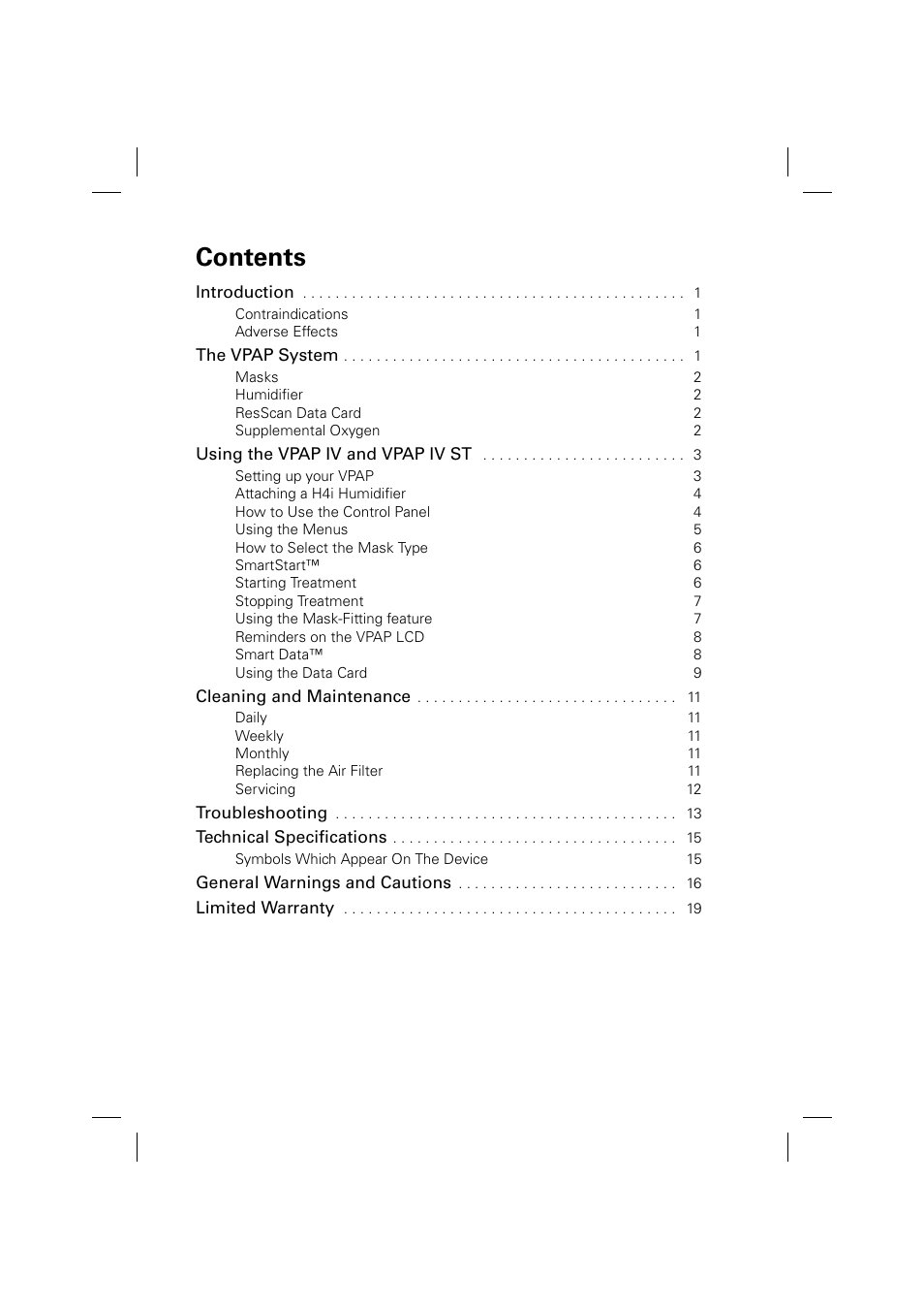 ResMed Positive Airway Pressure Device VPAP IV ST User Manual | Page 3 / 23