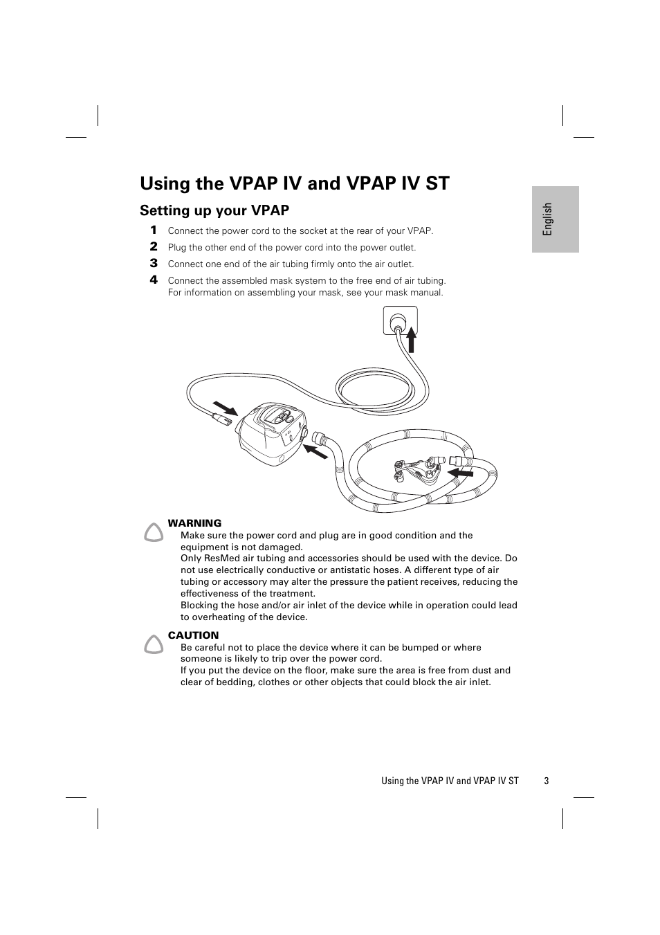 Using the vpap iv and vpap iv st, Setting up your vpap, Iv and vpap iv st | Using the vpap | ResMed Positive Airway Pressure Device VPAP IV ST User Manual | Page 6 / 23