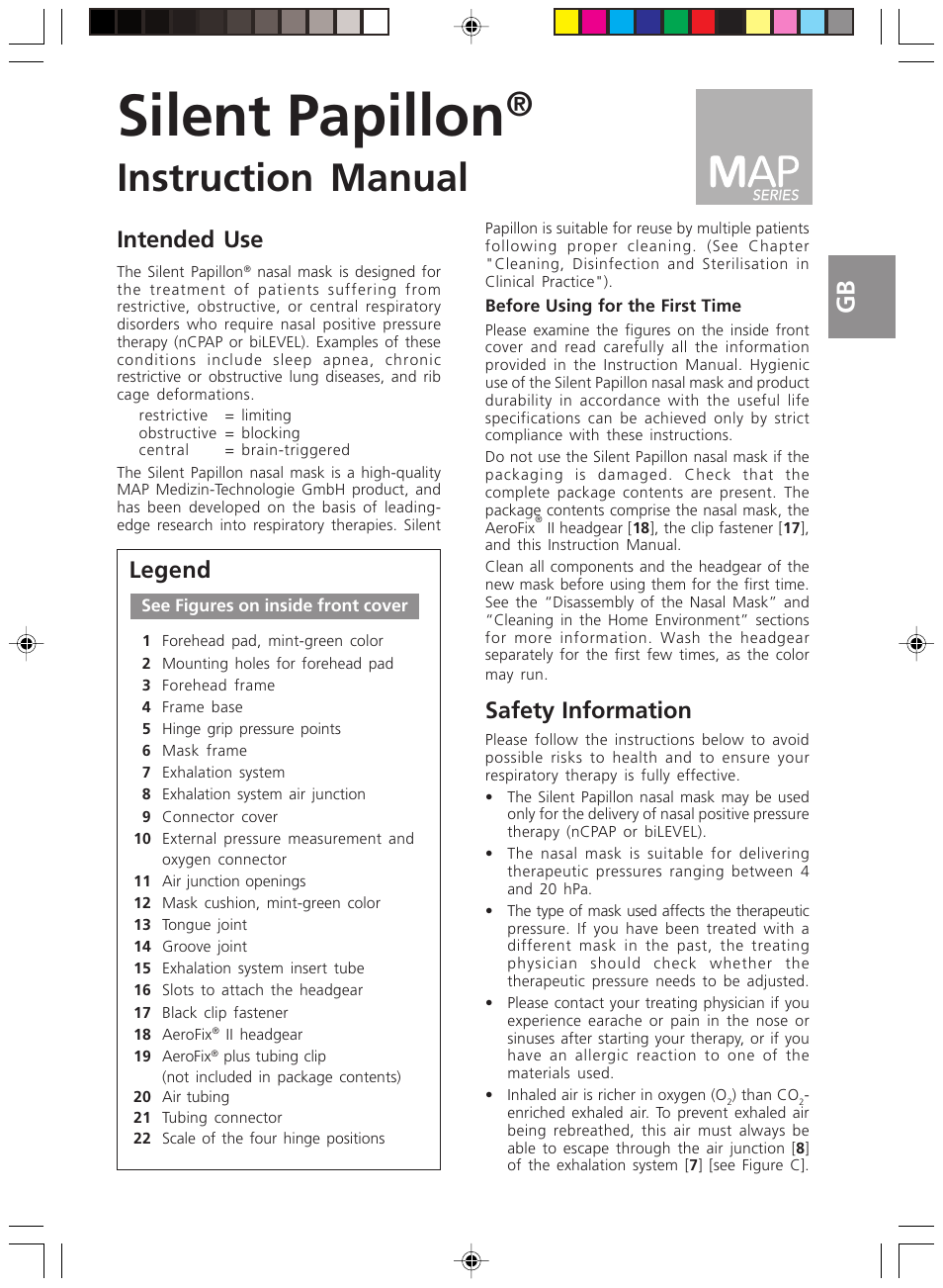 Gaw silent papillon 11.2005 (3), Englisch, Silent papillon | Instruction manual, Safety information, Intended use, Legend | ResMed Silent Papillon MAP Series User Manual | Page 10 / 33
