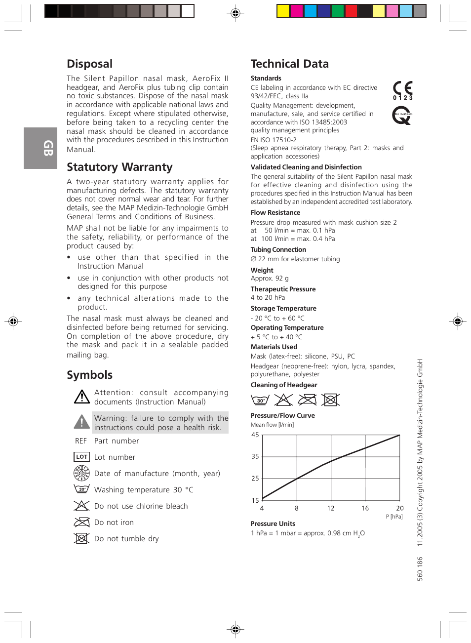 Disposal, Statutory warranty, Symbols | Technical data | ResMed Silent Papillon MAP Series User Manual | Page 13 / 33
