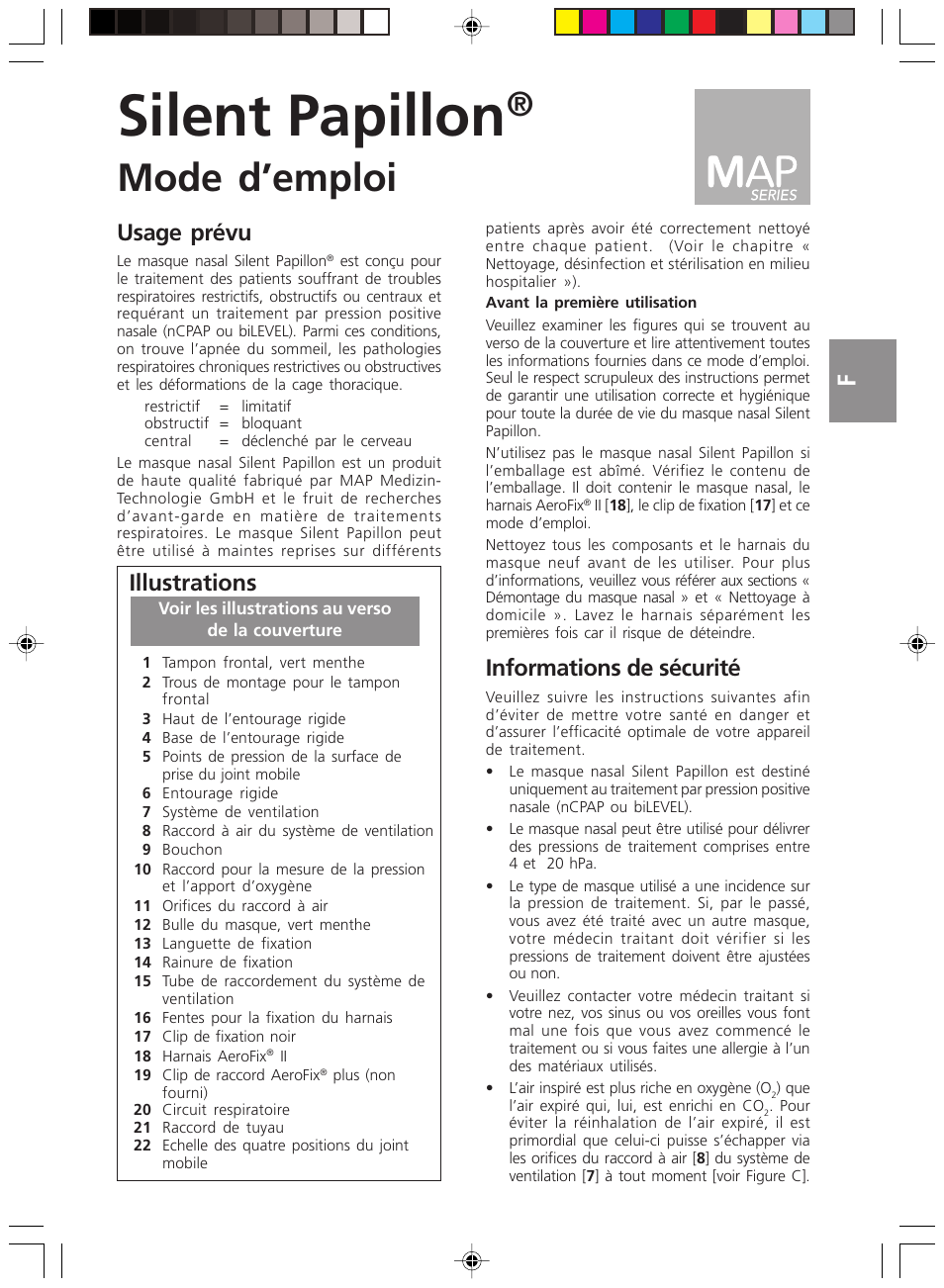 Französisch, Silent papillon, Mode d’emploi | Informations de sécurité, Usage prévu, Illustrations | ResMed Silent Papillon MAP Series User Manual | Page 14 / 33
