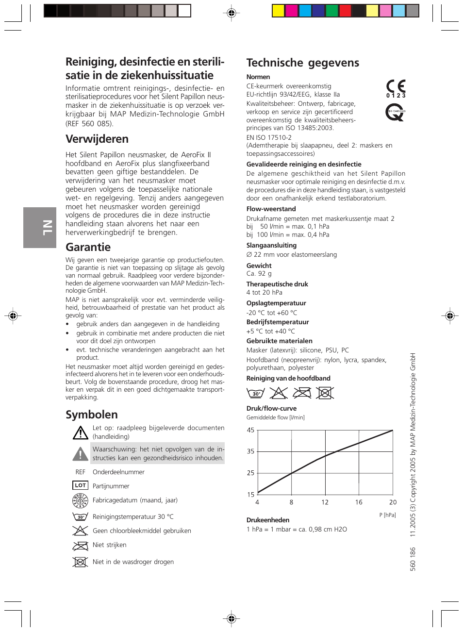 Verwijderen, Garantie, Symbolen | Technische gegevens | ResMed Silent Papillon MAP Series User Manual | Page 21 / 33
