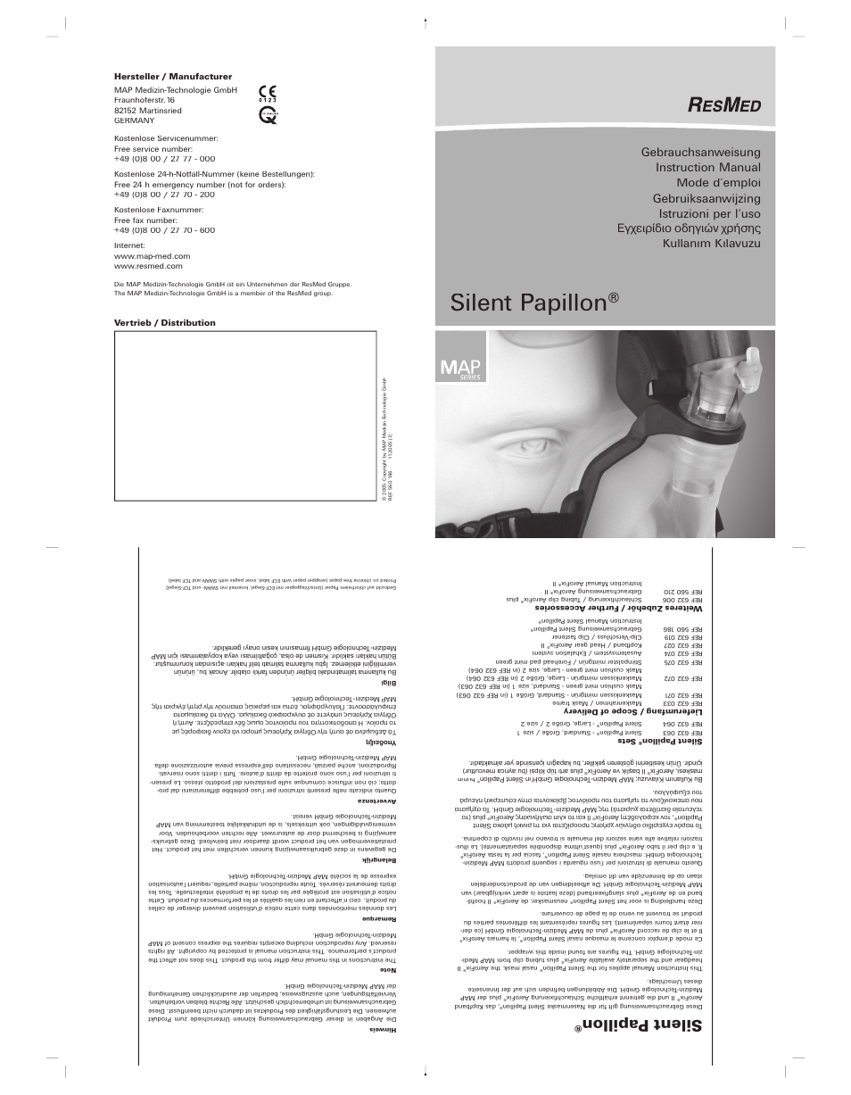 Silent papillon, Kullanım kılavuzu, Егчейсядйп пдзгйюн чсюузт | Hersteller / manufacturer, Vertrieb / distribution, Sets, Lieferumfang / scope of deliv ery, Weiteres zubehör / f urther a ccessories | ResMed Silent Papillon MAP Series User Manual | Page 4 / 33