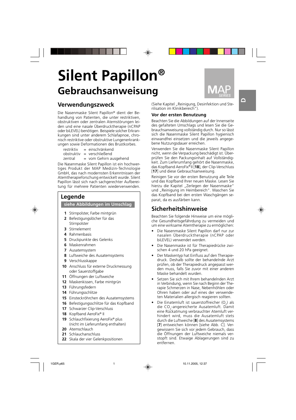 Deutsch, Silent papillon, Gebrauchsanweisung | Sicherheitshinweise, Verwendungszweck, Legende | ResMed Silent Papillon MAP Series User Manual | Page 6 / 33