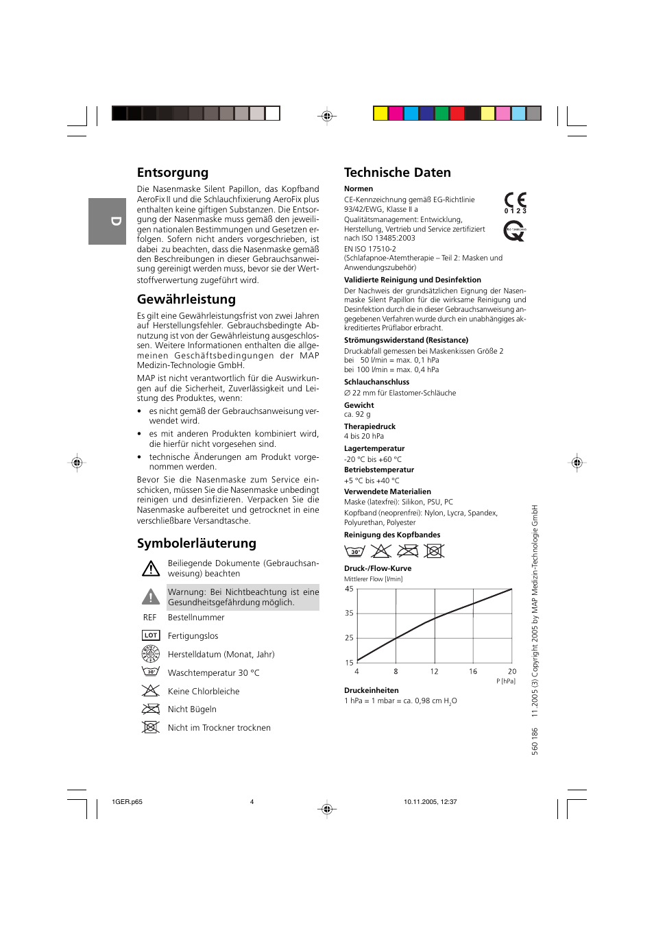 Entsorgung, Gewährleistung, Symbolerläuterung | Technische daten | ResMed Silent Papillon MAP Series User Manual | Page 9 / 33
