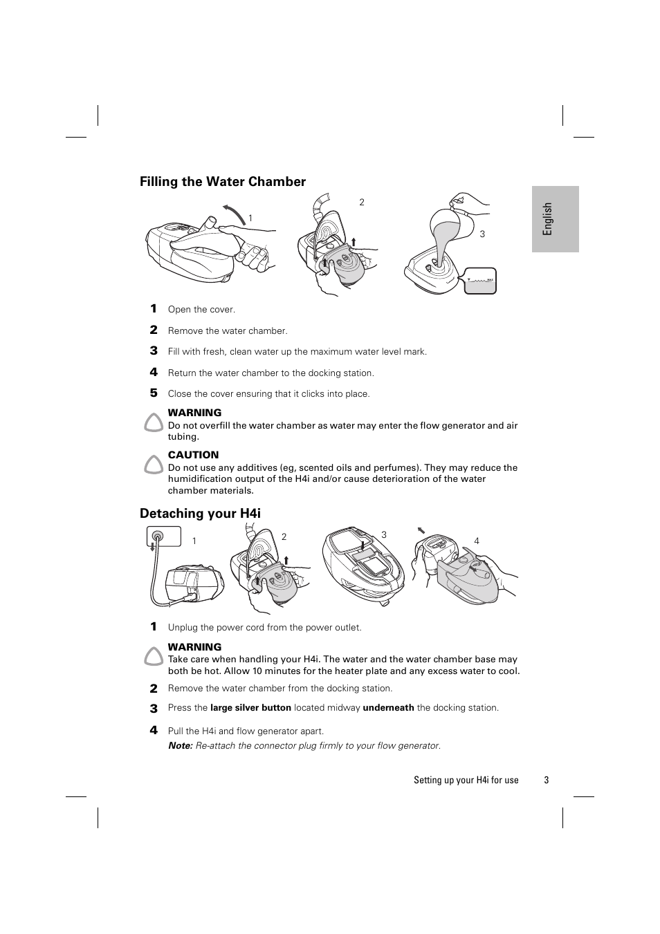 Filling the water chamber, Detaching your h4i | ResMed H4i User Manual | Page 5 / 14