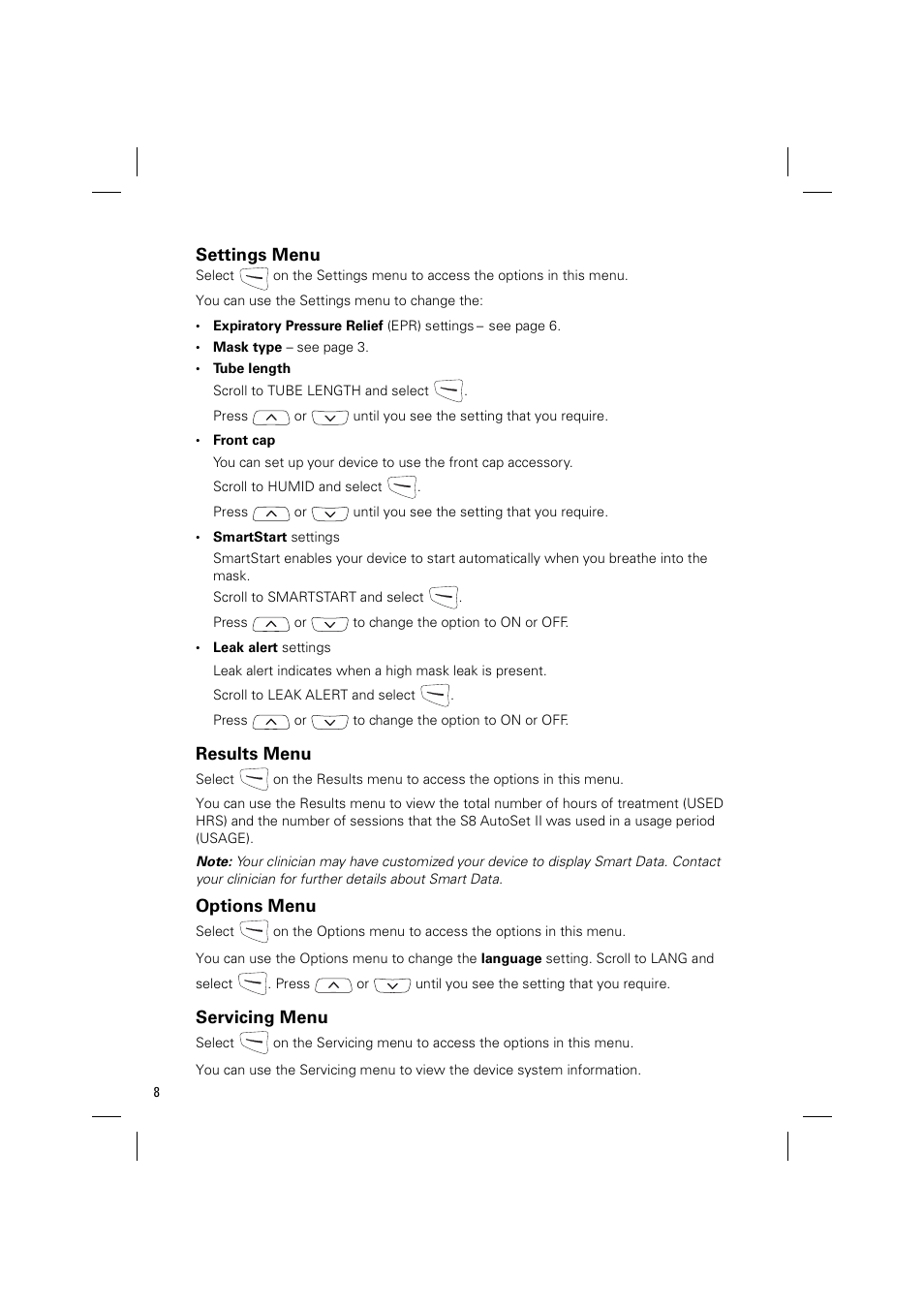 Settings menu, Results menu, Options menu | Servicing menu | ResMed ELITE S8 User Manual | Page 12 / 88