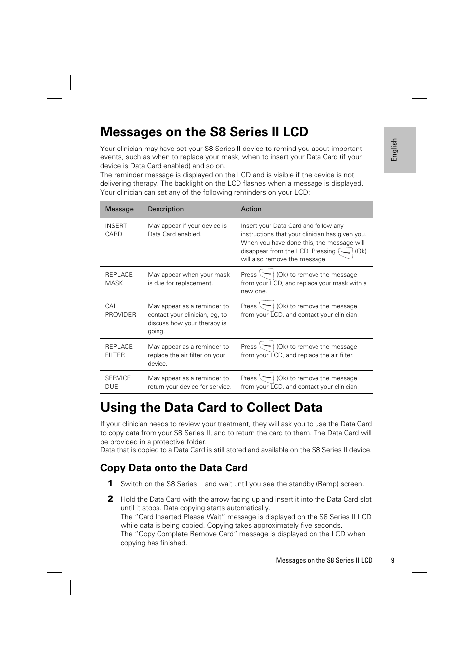 Messages on the s8 series ii lcd, Using the data card to collect data, Copy data onto the data card | ResMed ELITE S8 User Manual | Page 13 / 88