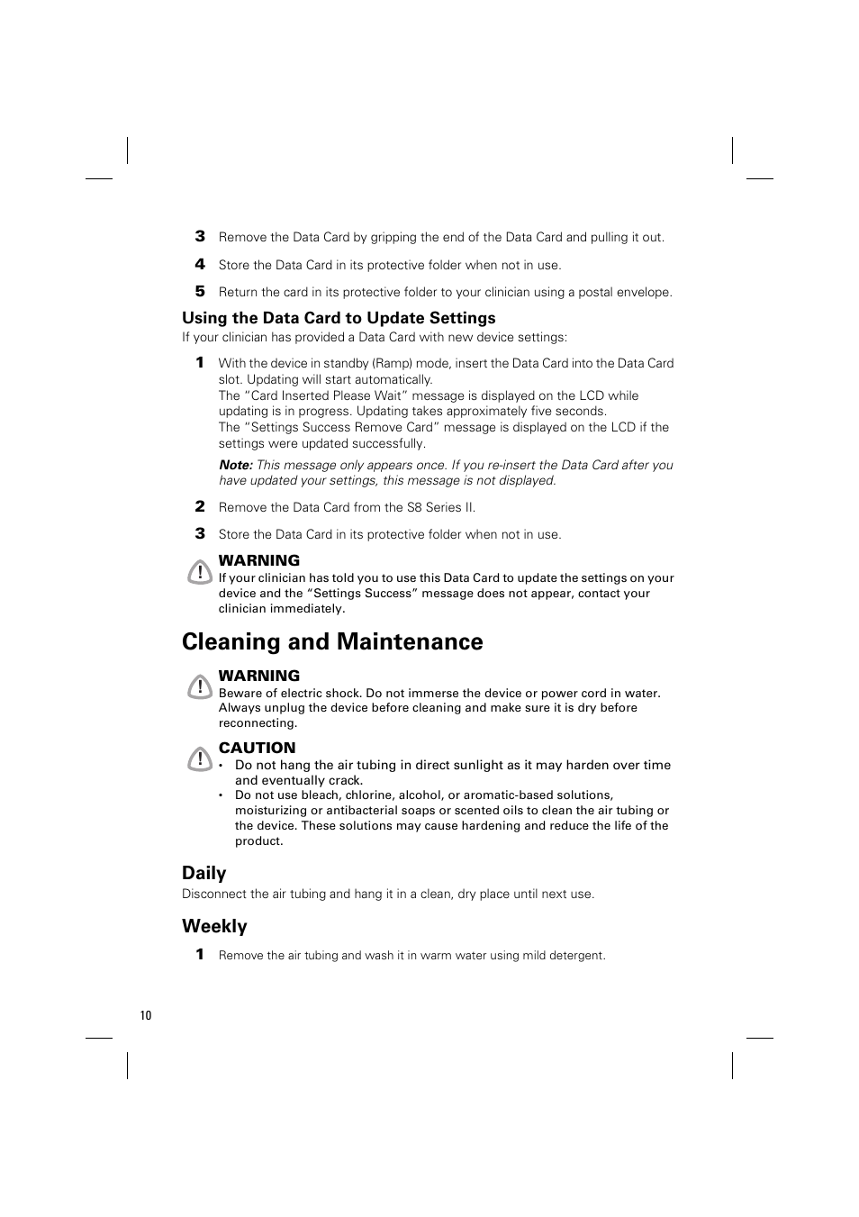 Using the data card to update settings, Cleaning and maintenance, Daily | Weekly | ResMed ELITE S8 User Manual | Page 14 / 88