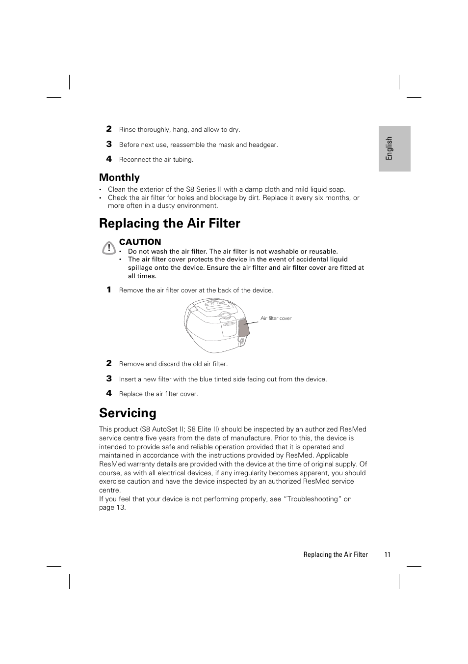 Monthly, Replacing the air filter, Servicing | ResMed ELITE S8 User Manual | Page 15 / 88