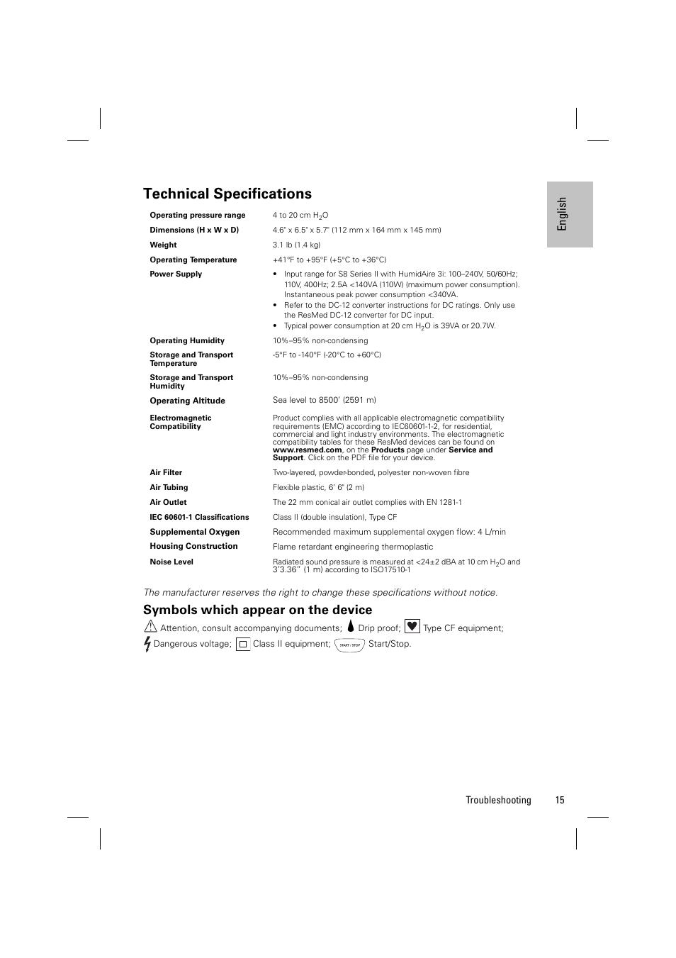 Technical specifications, Symbols which appear on the device, Engl ish | ResMed ELITE S8 User Manual | Page 19 / 88