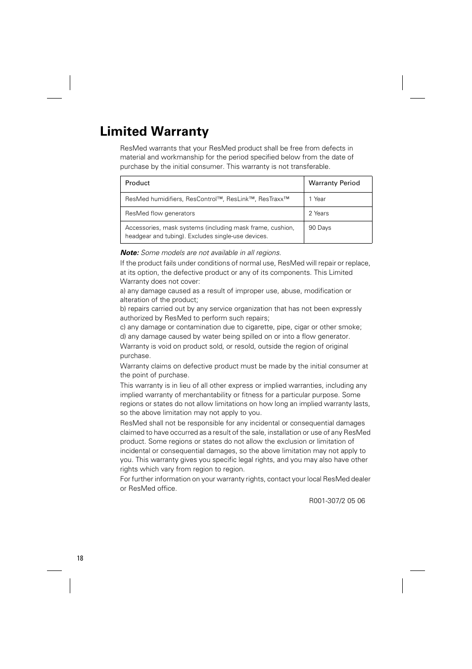 Limited warranty | ResMed ELITE S8 User Manual | Page 22 / 88