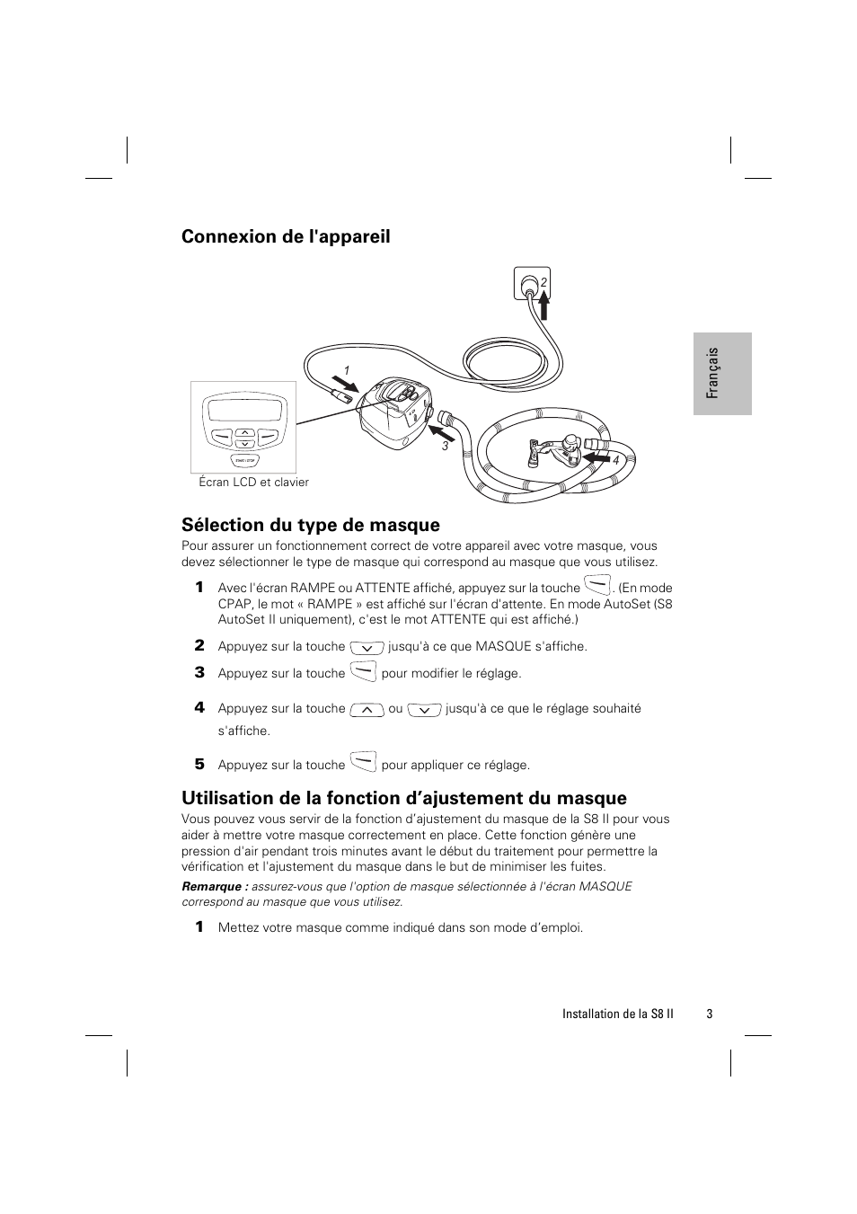 Connexion de l'appareil, Sélection du type de masque, Utilisation de la fonction d’ajustement du masque | ResMed ELITE S8 User Manual | Page 27 / 88