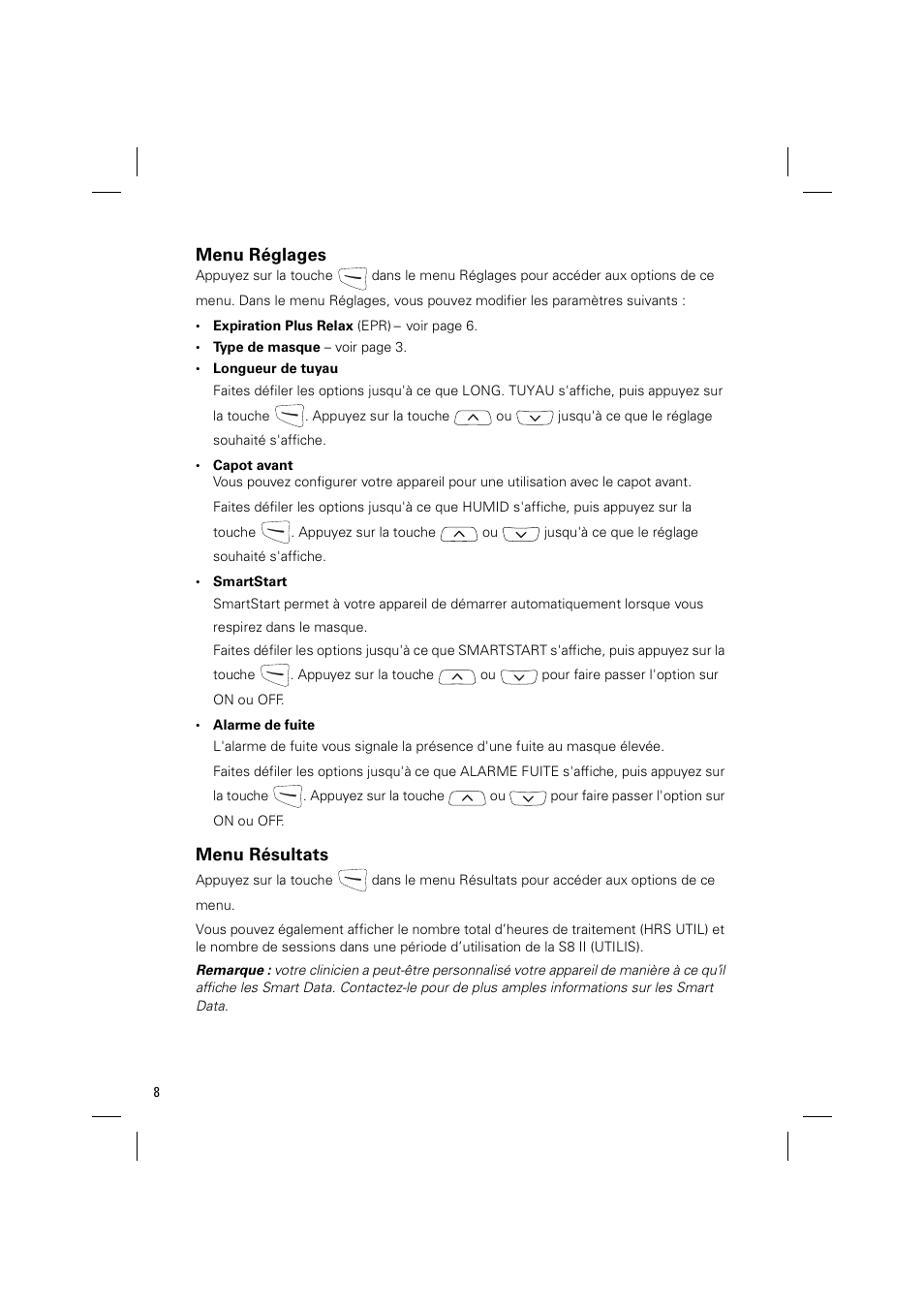 Menu réglages, Menu résultats | ResMed ELITE S8 User Manual | Page 32 / 88