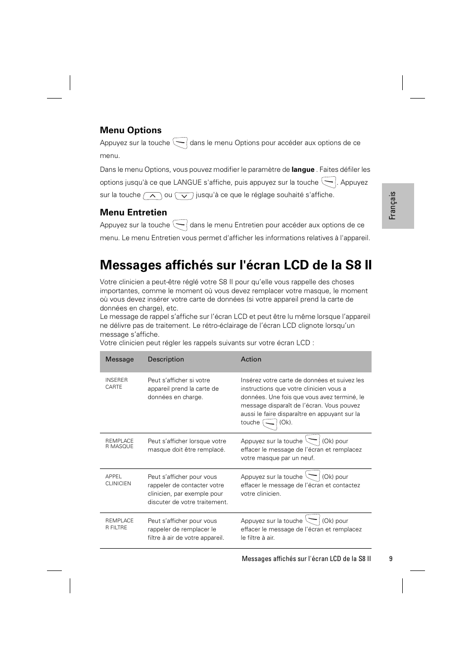 Menu options, Menu entretien, Messages affichés sur l'écran lcd de la s8 ii | ResMed ELITE S8 User Manual | Page 33 / 88