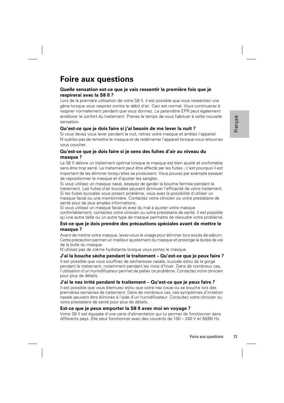 Foire aux questions | ResMed ELITE S8 User Manual | Page 37 / 88