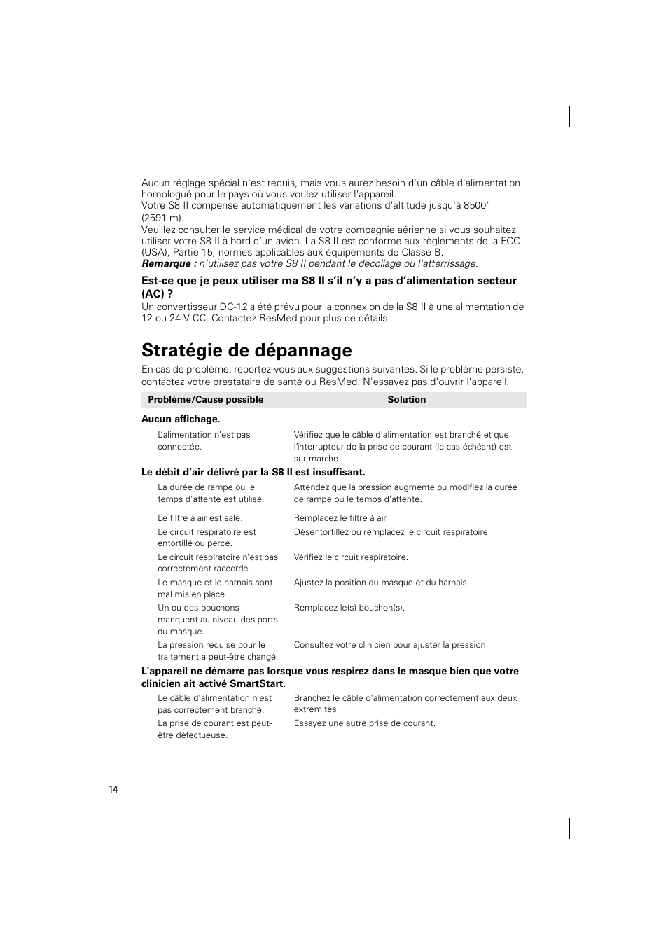 Stratégie de dépannage | ResMed ELITE S8 User Manual | Page 38 / 88