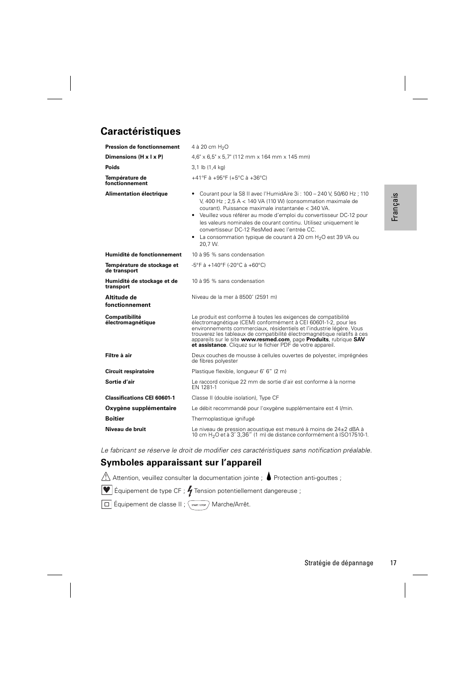 Caractéristiques, Symboles apparaissant sur l’appareil, Fr an çai s | ResMed ELITE S8 User Manual | Page 41 / 88