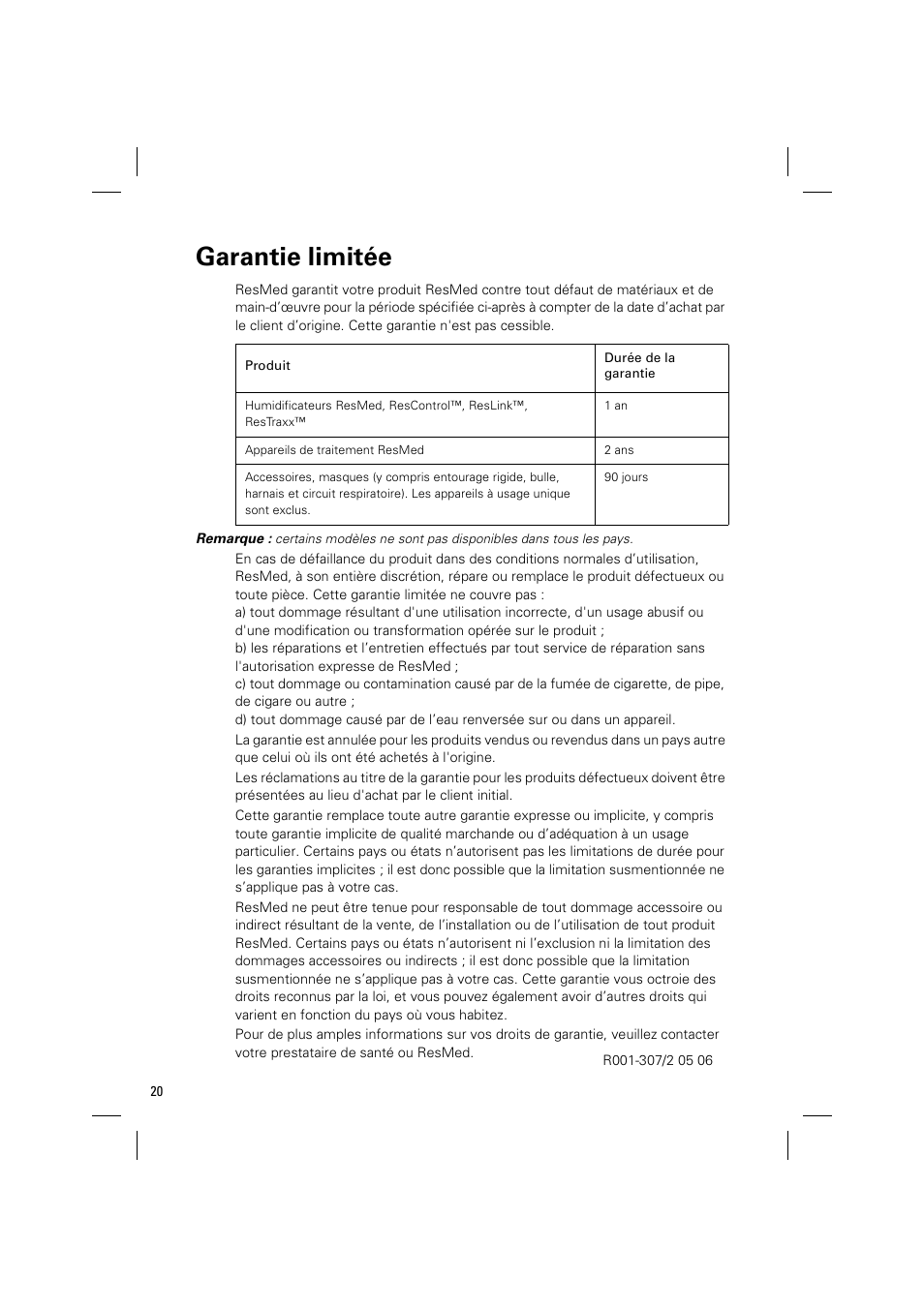 Garantie limitée | ResMed ELITE S8 User Manual | Page 44 / 88