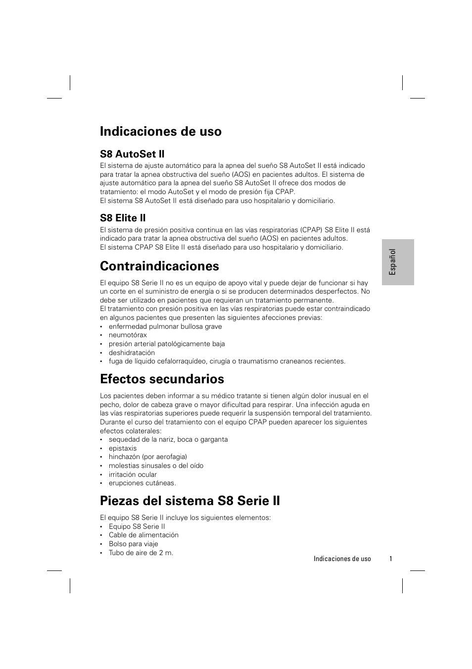 Indicaciones de uso, S8 autoset ii, S8 elite ii | Contraindicaciones, Efectos secundarios, Piezas del sistema s8 serie ii | ResMed ELITE S8 User Manual | Page 47 / 88