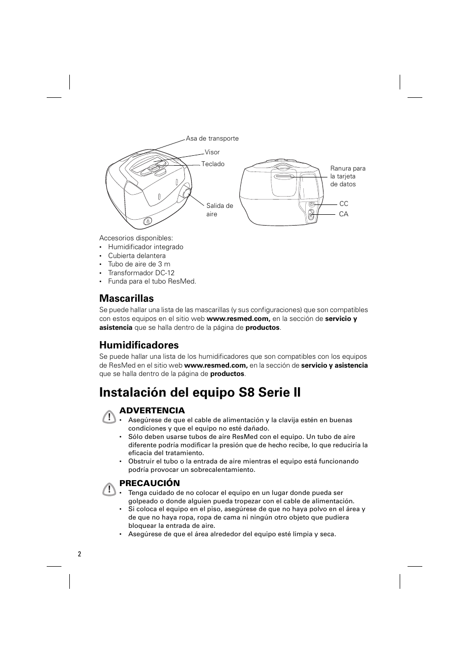 Mascarillas, Humidificadores, Instalación del equipo s8 serie ii | ResMed ELITE S8 User Manual | Page 48 / 88