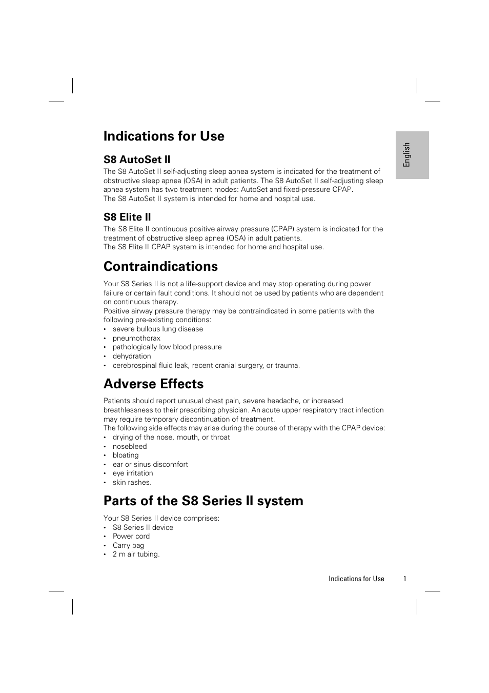 Indications for use, S8 autoset ii, S8 elite ii | Contraindications, Adverse effects, Parts of the s8 series ii system | ResMed ELITE S8 User Manual | Page 5 / 88