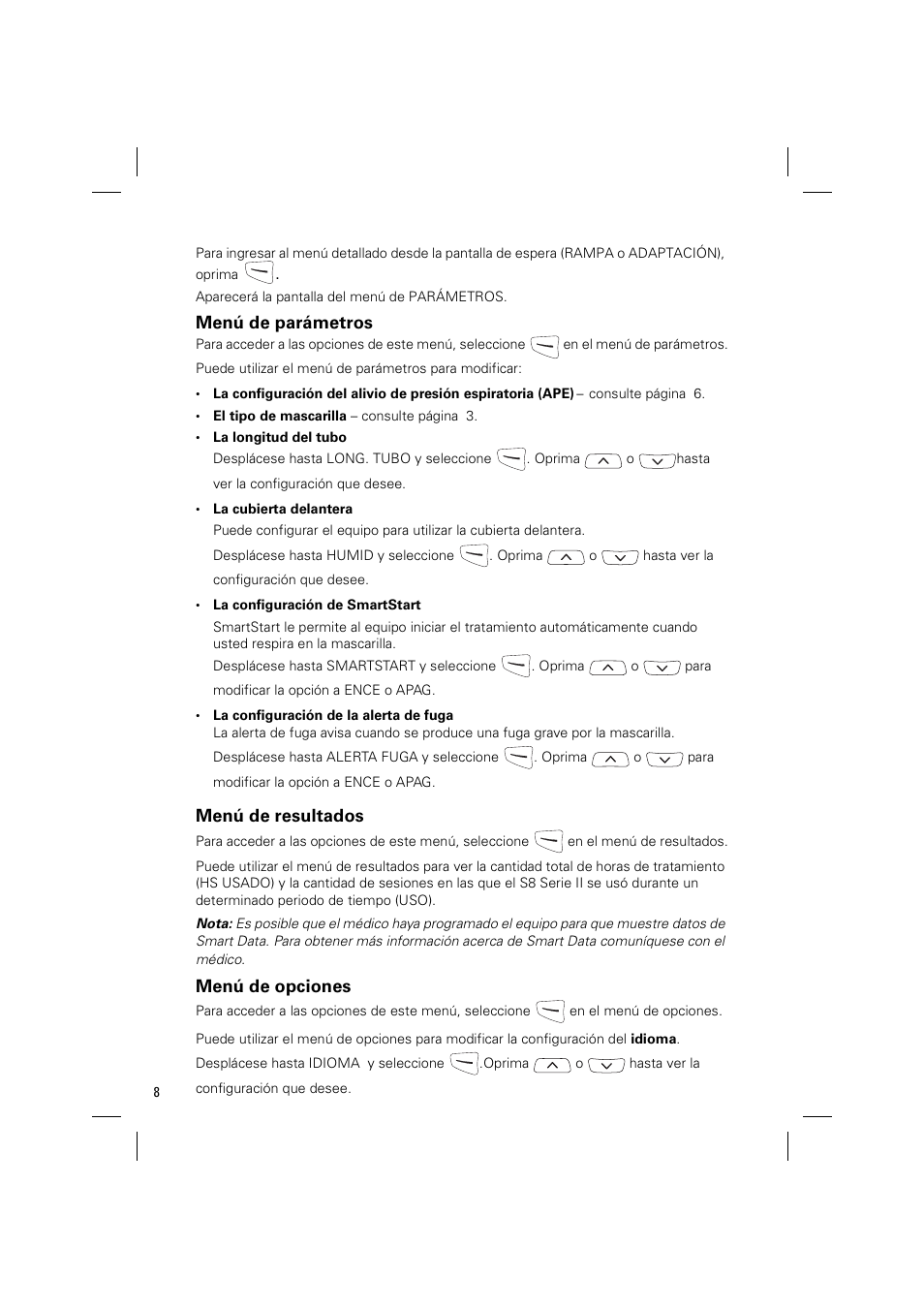 Menú de parámetros, Menú de resultados, Menú de opciones | ResMed ELITE S8 User Manual | Page 54 / 88