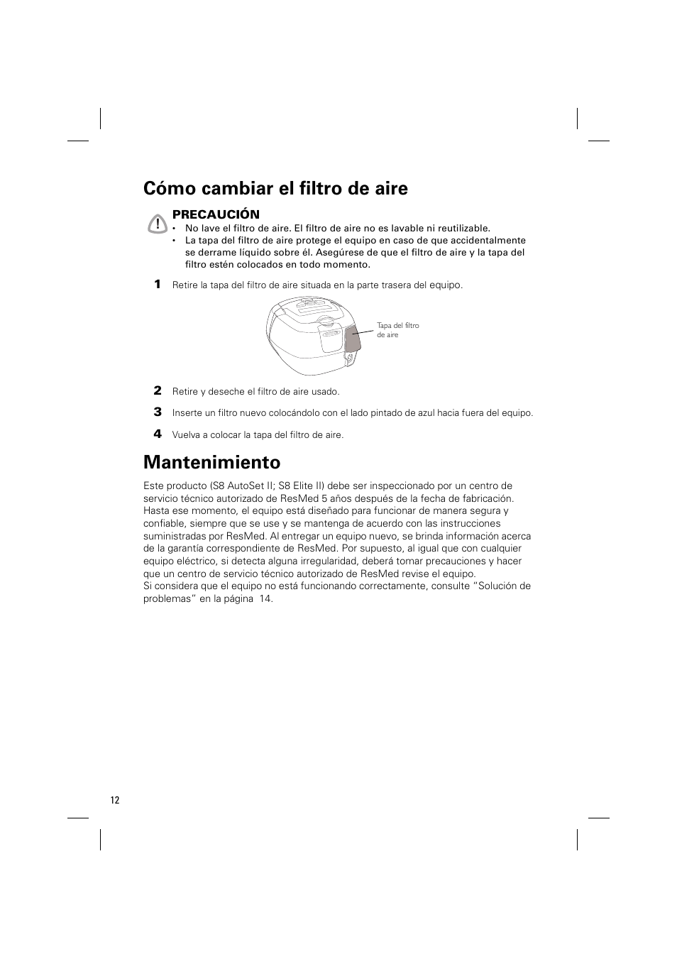 Cómo cambiar el filtro de aire, Mantenimiento | ResMed ELITE S8 User Manual | Page 58 / 88