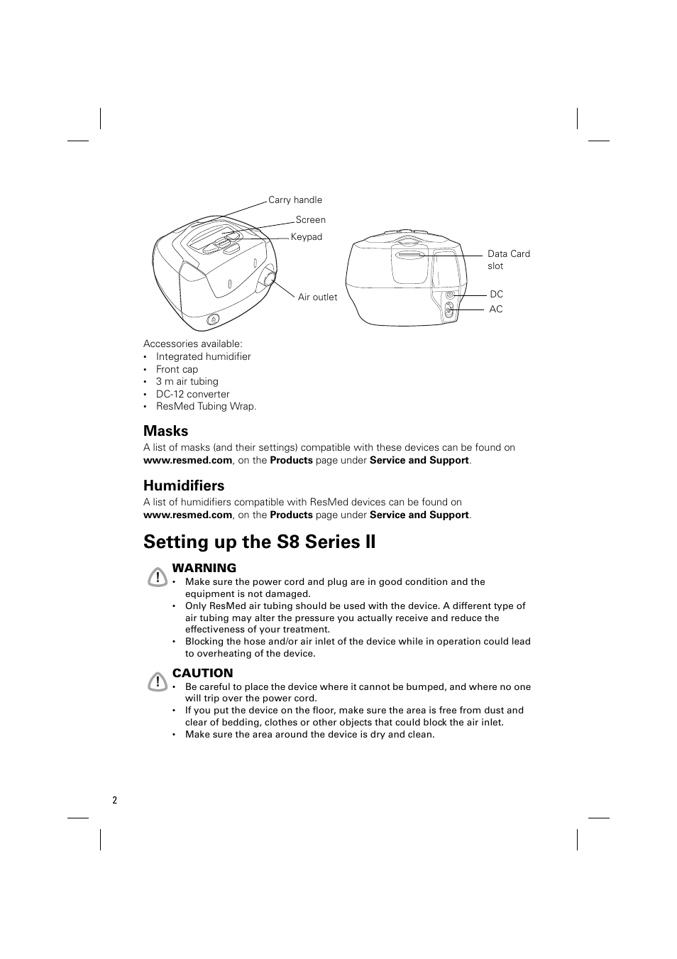 Masks, Humidifiers, Setting up the s8 series ii | ResMed ELITE S8 User Manual | Page 6 / 88