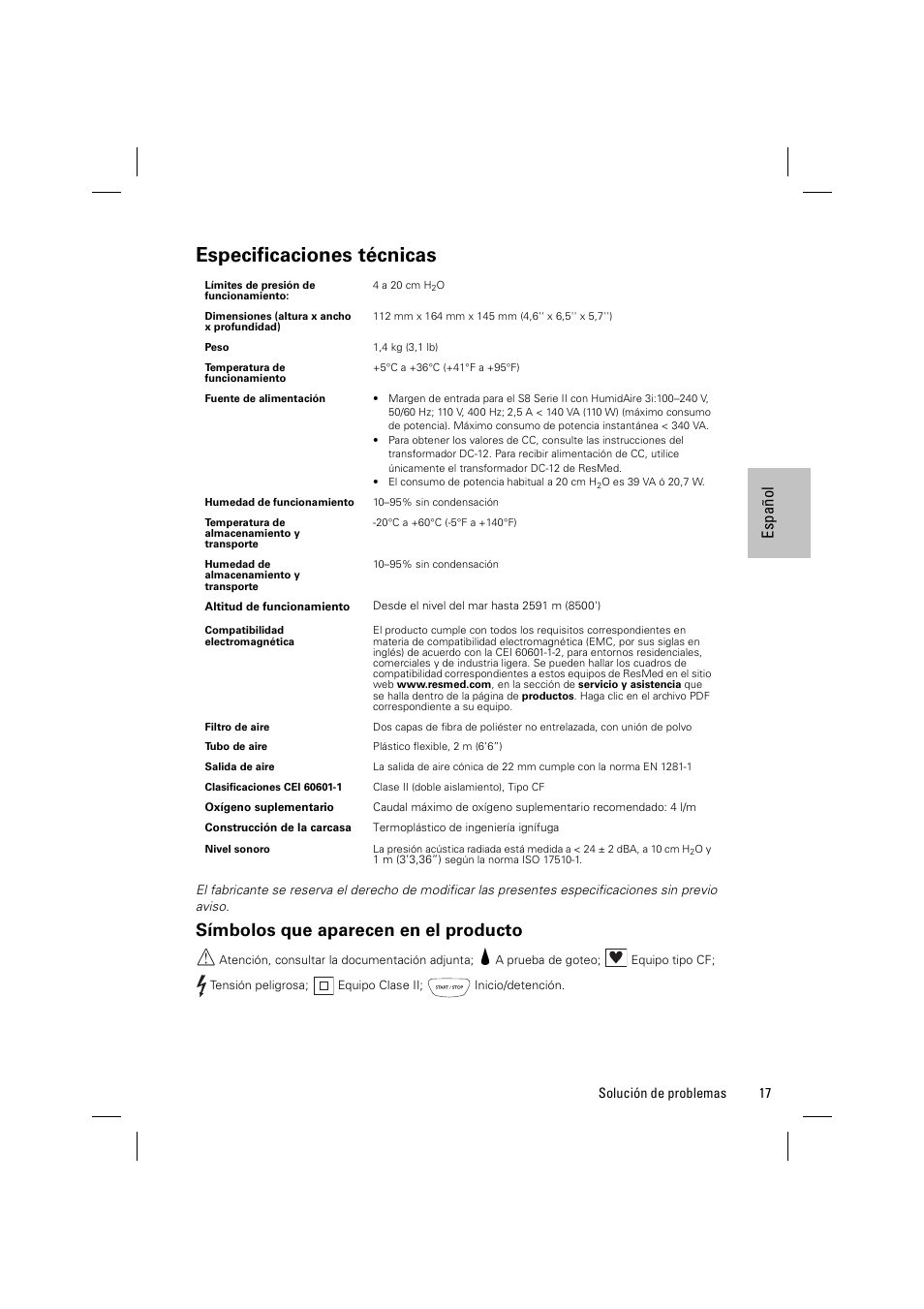 Especificaciones técnicas, Símbolos que aparecen en el producto, Españ ol | ResMed ELITE S8 User Manual | Page 63 / 88