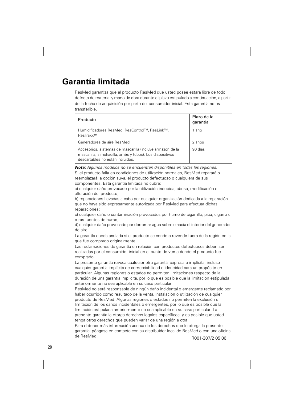Garantía limitada | ResMed ELITE S8 User Manual | Page 66 / 88