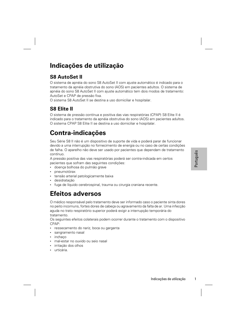 Indicações de utilização, S8 autoset ii, S8 elite ii | Contra-indicações, Efeitos adversos | ResMed ELITE S8 User Manual | Page 69 / 88