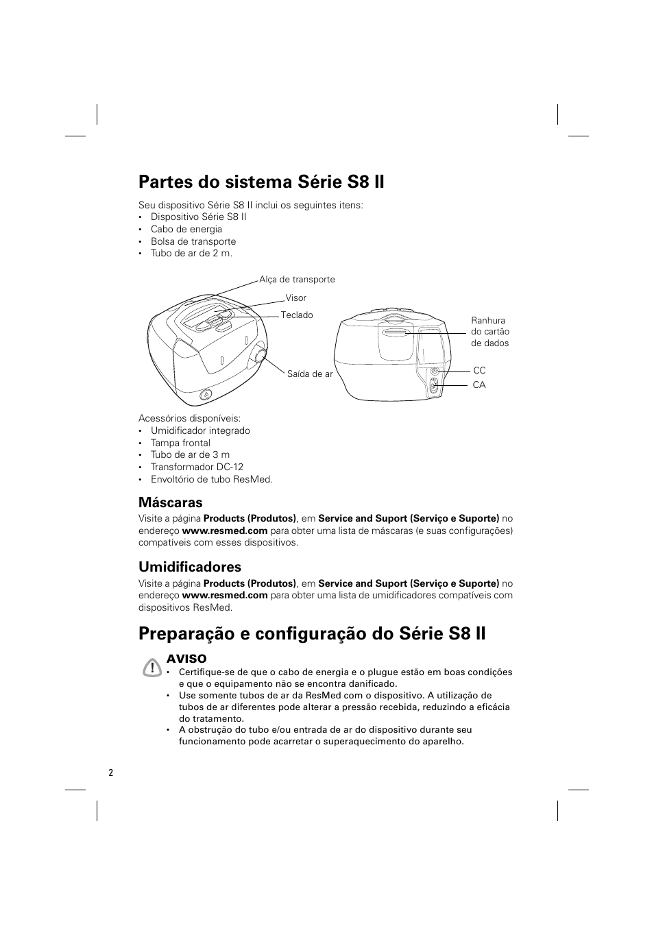 Partes do sistema série s8 ii, Máscaras, Umidificadores | Preparação e configuração do série s8 ii | ResMed ELITE S8 User Manual | Page 70 / 88
