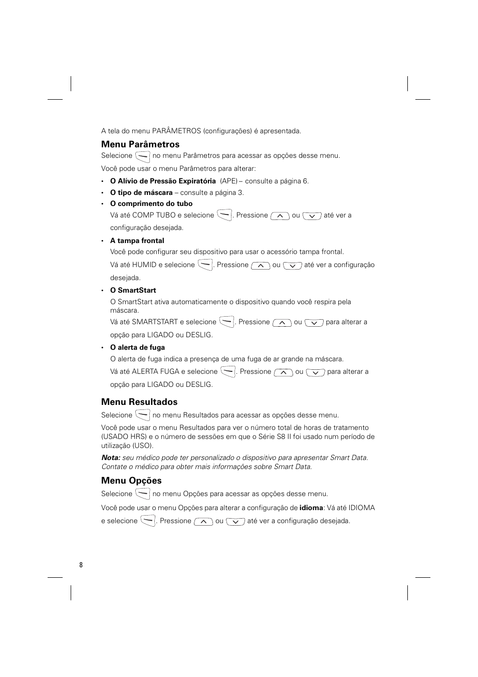 Menu parâmetros, Menu resultados, Menu opções | ResMed ELITE S8 User Manual | Page 76 / 88