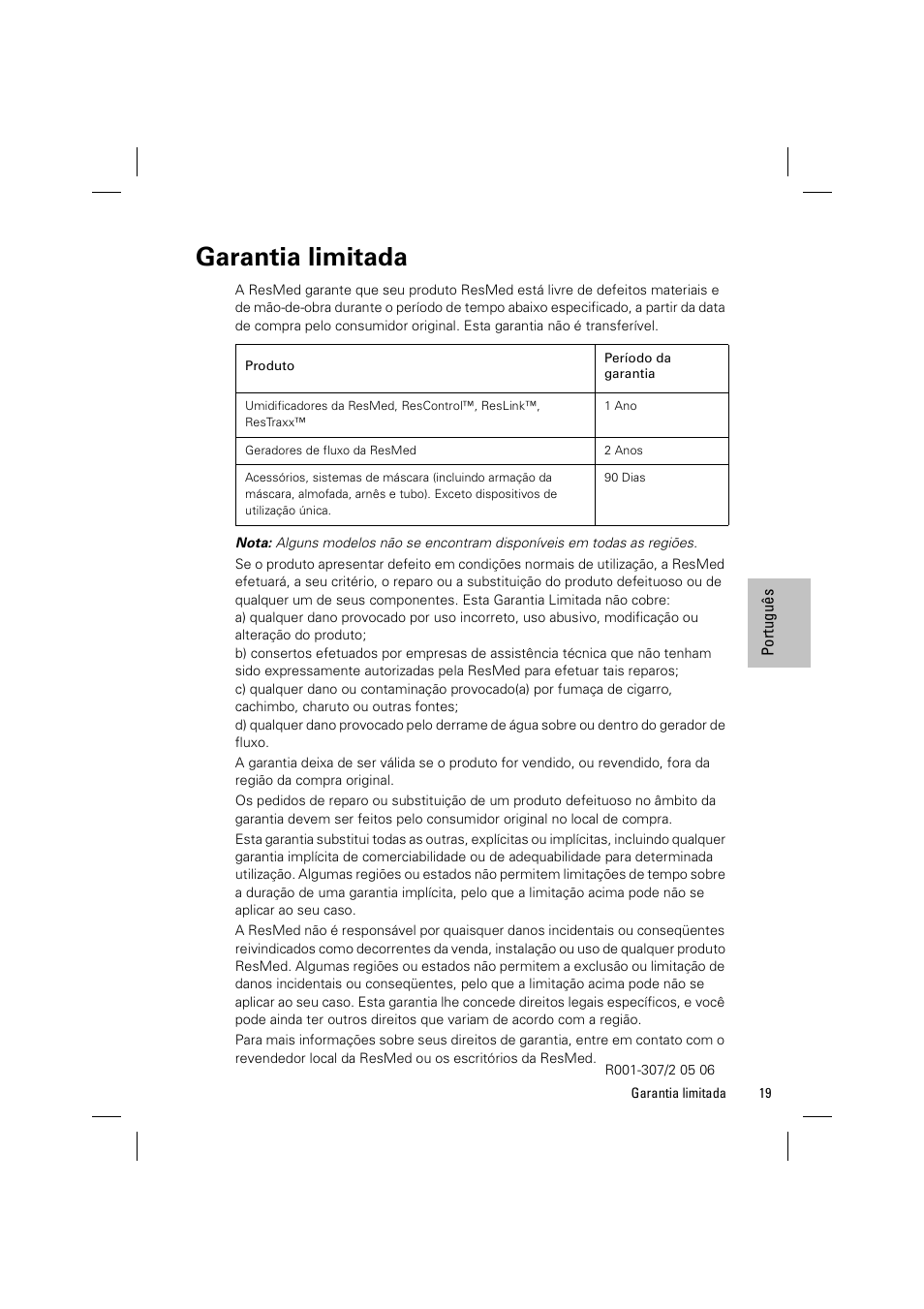 Garantia limitada | ResMed ELITE S8 User Manual | Page 87 / 88