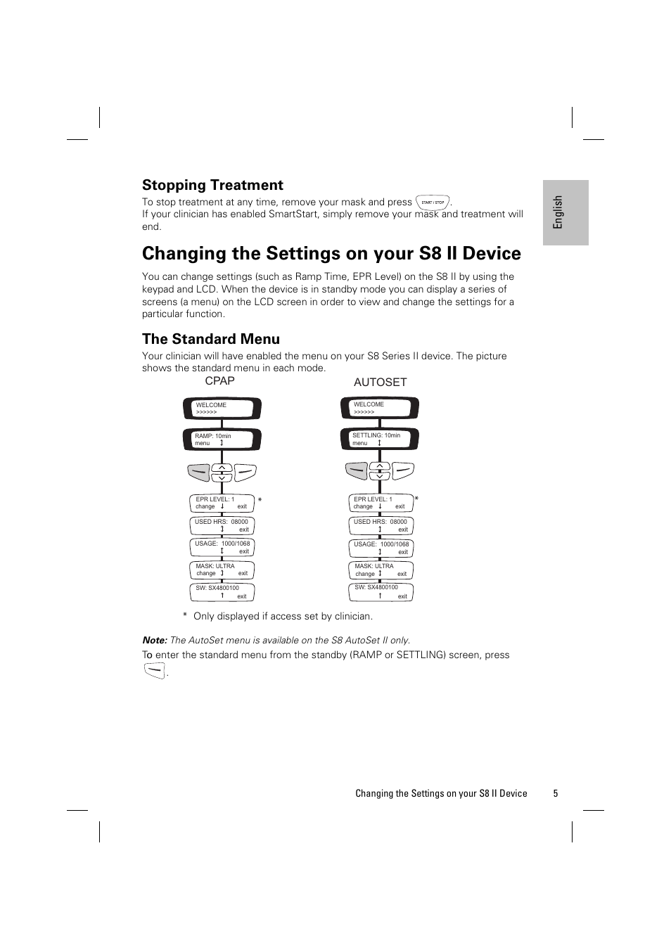 Stopping treatment, Changing the settings on your s8 ii device, The standard menu | Engl ish, Cpap autoset | ResMed ELITE S8 User Manual | Page 9 / 88