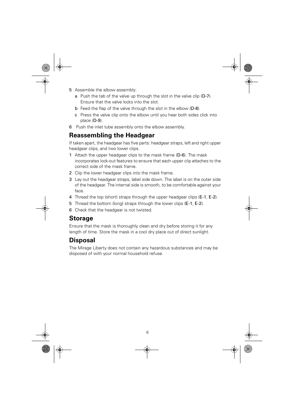 Reassembling the headgear, Storage, Disposal | ResMed Full Face Mask Mirage Liberty User Manual | Page 10 / 14