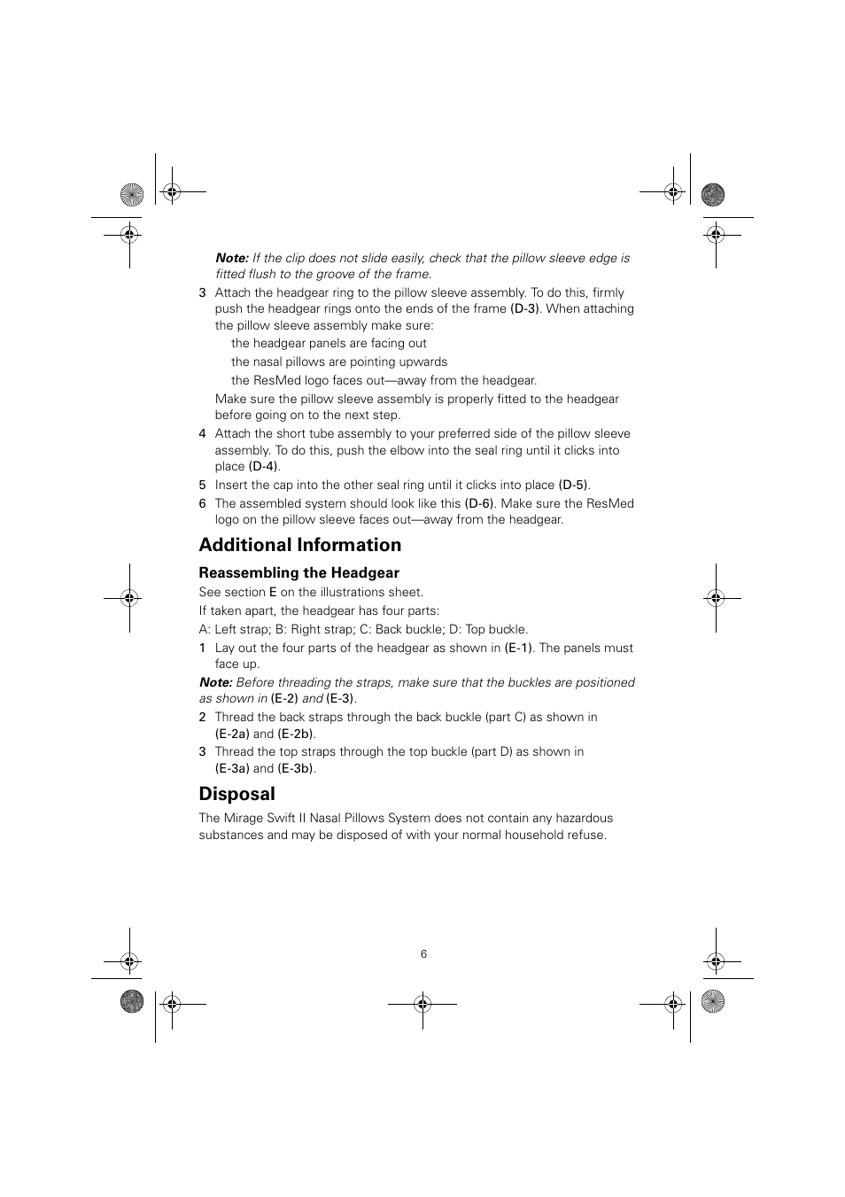 Additional information, Reassembling the headgear, Disposal | ResMed Nasal Pillows System Mirage Swift II User Manual | Page 10 / 14