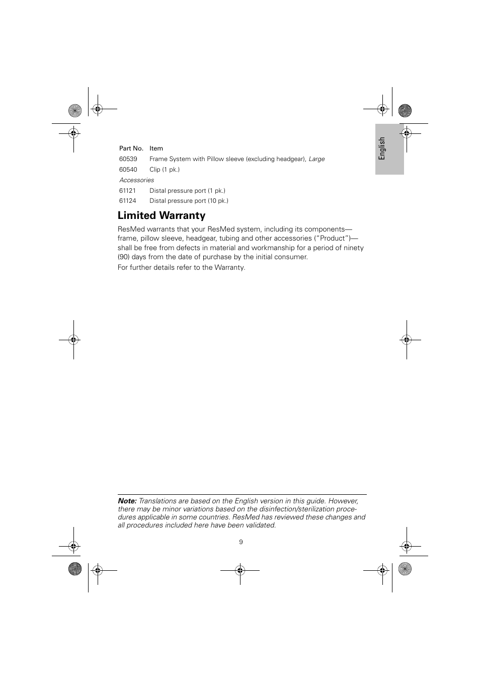 Limited warranty | ResMed Nasal Pillows System Mirage Swift II User Manual | Page 13 / 14