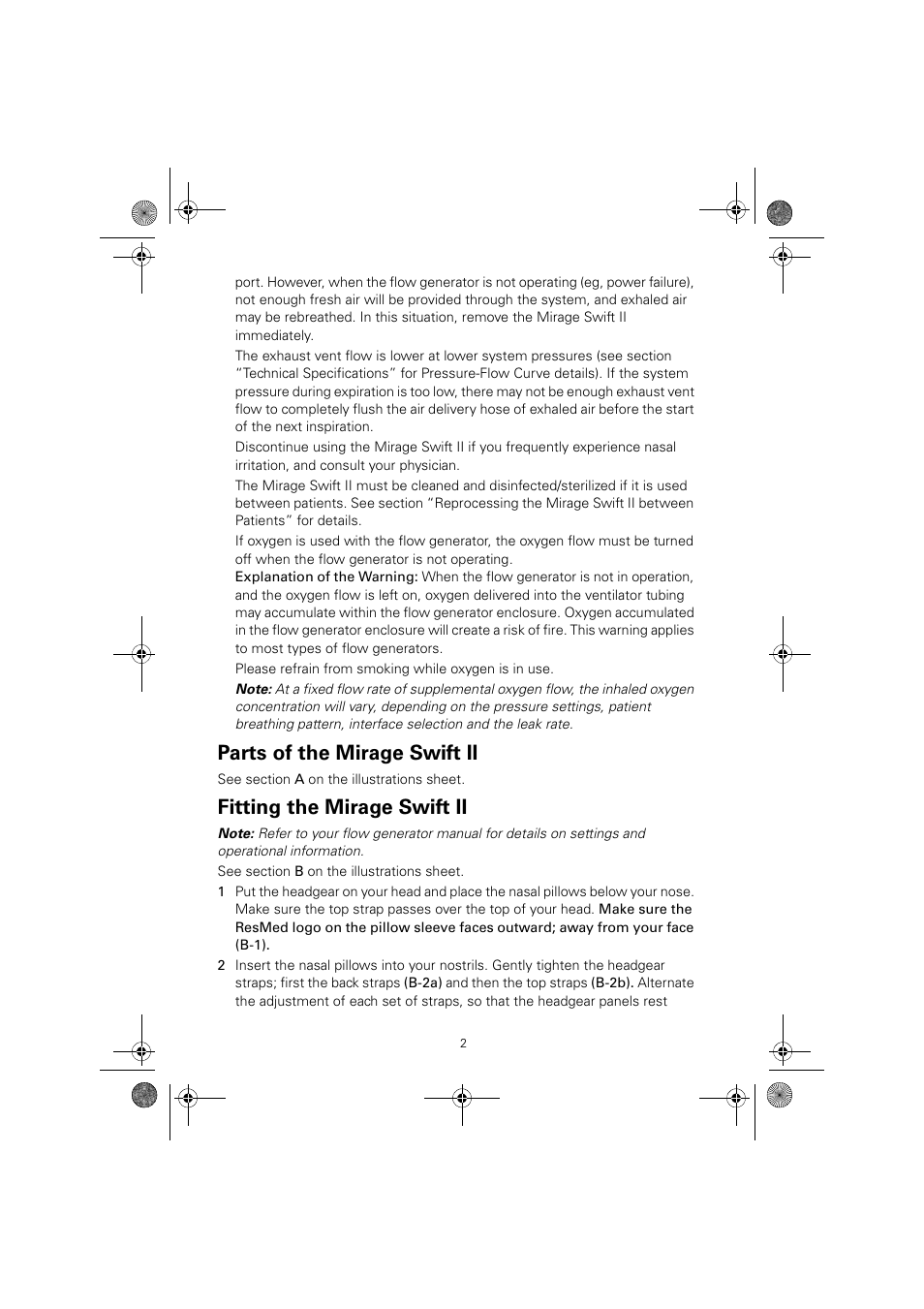 Parts of the mirage swift ii, Fitting the mirage swift ii | ResMed Nasal Pillows System Mirage Swift II User Manual | Page 6 / 14