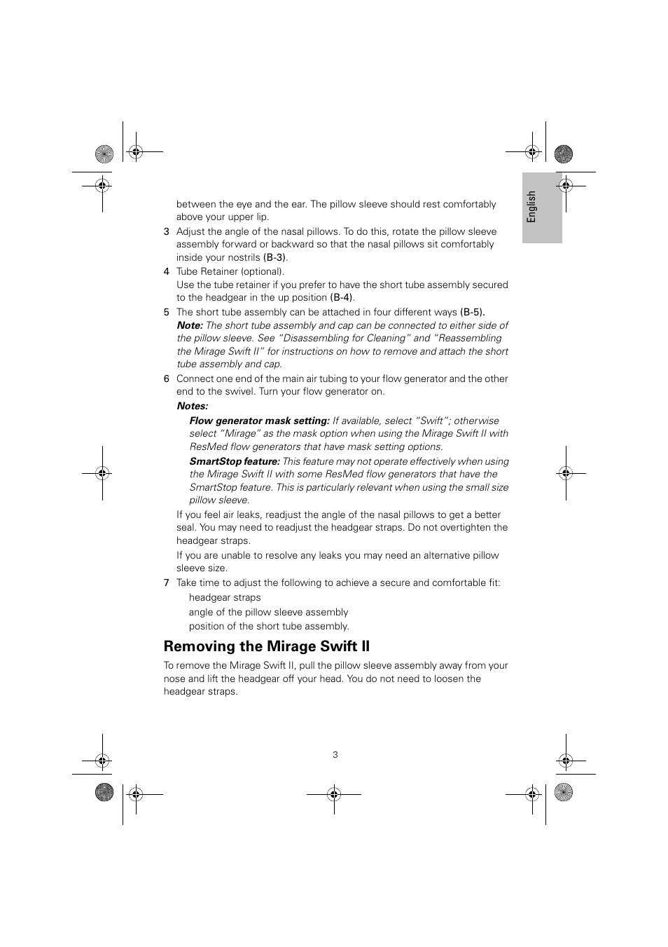 Removing the mirage swift ii | ResMed Nasal Pillows System Mirage Swift II User Manual | Page 7 / 14