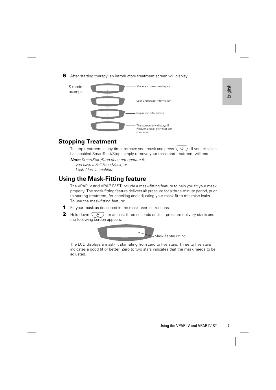 Stopping treatment, Using the mask-fitting feature, En gli sh | ResMed Positive Airway Pressure Device VPAP IV User Manual | Page 10 / 23