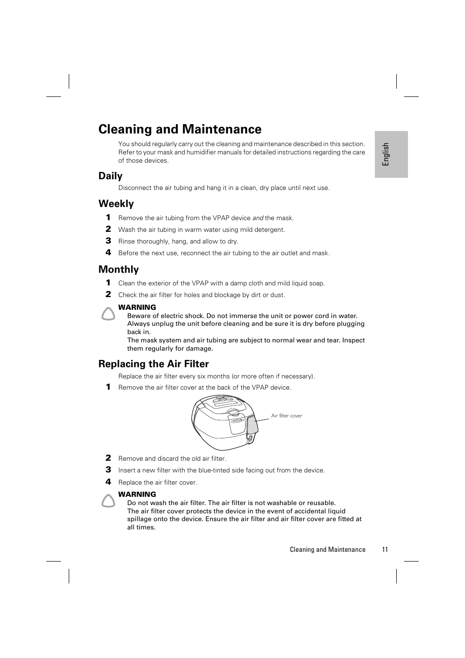 Cleaning and maintenance, Daily, Weekly | Monthly, Replacing the air filter | ResMed Positive Airway Pressure Device VPAP IV User Manual | Page 14 / 23