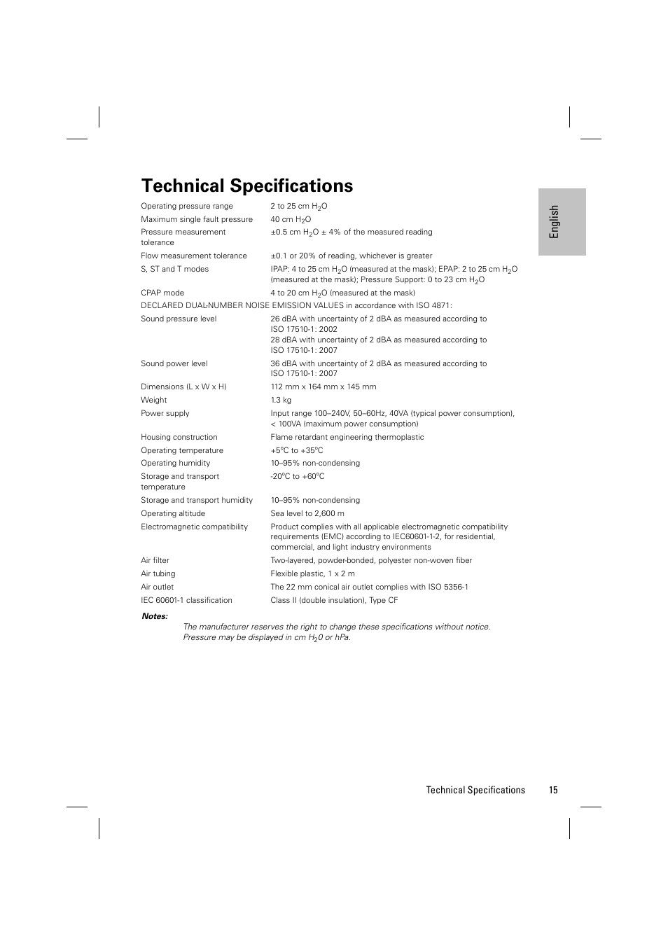 Technical specifications, En gli sh | ResMed Positive Airway Pressure Device VPAP IV User Manual | Page 18 / 23